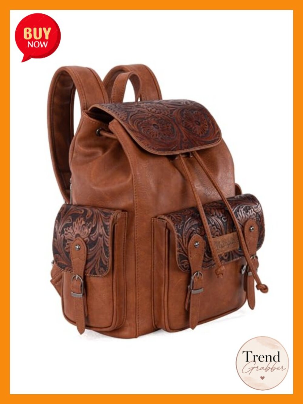 Western Floral Tooled Backpack Purse with Drawstring Closure, Adjustable Strap